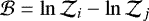 $\mathcal{B}=\ln{\mathcal{Z}_i}-\ln{\mathcal{Z}_j}$