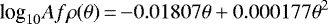 \begin{equation*}\text{log}_{10}Af\rho(\theta)\,{=}\,{-}0.01807\theta&#x002B;0.000177\theta^2 \end{equation*}
