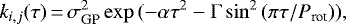 \begin{equation*}k_{i,j}(\tau)\,{=}\,\sigma^2_{\textrm{GP}}\exp{(-\alpha\tau^2-\Gamma\sin^2{(\pi\tau/P_{\textrm{rot}}})),} \end{equation*}