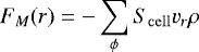 \begin{equation*} F_{M}(r) = -\sum\limits_{\phi}S_{\mathrm{cell}}v_{r}\rho \,\end{equation*}