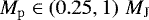 $M_{\mathrm{p}}\in\left( 0.25,1 \right)\,M_{\mathrm{J}}$