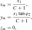 $$ \begin{aligned} x_m&= \frac{{{x_1}}}{{C + 1}},\nonumber \\ { y}_m&= \frac{{{x_1}\tan {\varphi _2}}}{{C + 1}},\\ z_m&=0,\nonumber \end{aligned} $$