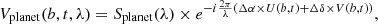 $$ \begin{aligned} V_{\rm planet}(b, t, \lambda ) = S_{\rm planet}(\lambda )\times e^{-i\frac{2\pi }{\lambda }\left(\Delta \alpha \times U(b, t)+\Delta \delta \times V(b, t)\right)}, \end{aligned} $$