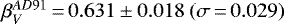 $\beta_{V} ^{AD91}\,{=}\,0.631\pm0.018\ (\sigma\,{=}\,0.029)$