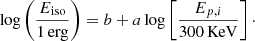 $$ \begin{aligned} \log \left(\frac{E_{\rm iso}}{1\,\mathrm{erg}}\right)=b+a\log \left[\frac{E_{p,i}}{300\,\mathrm{KeV}}\right]\cdot \end{aligned} $$