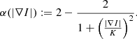 $$ \begin{aligned} \alpha (|\nabla I|) := 2 - \frac{2}{1 + \Big (\frac{|\nabla I|}{K}\Big )^2}. \end{aligned} $$