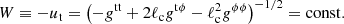 $$ \begin{aligned} W \equiv -u_{\rm t} = \left(-g^\mathrm{tt} + 2\ell _{\mathrm{c} } g^\mathrm{t\phi } - \ell _{\mathrm{c} }^2 g^{\phi \phi }\right)^{-1/2} = \mathrm{const}. \end{aligned} $$