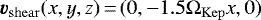 \begin{equation*} \vec{v}_{\mathrm{shear}}(x,y,z)\,{=}\,(0,-1.5\Omega_{\mathrm{Kep}} x,0) \end{equation*}
