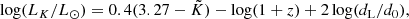$$ \begin{aligned} \log ({L_K/L_\odot }) = 0.4(3.27-\tilde{K})-\log (1+z)+2\log (d_\mathrm{L} /d_0), \end{aligned} $$