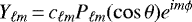 \begin{equation*} Y_{\ell m}\,{=}\,c_{\ell m} P_{\ell m}(\cos \theta) e^{i m \phi} \end{equation*}