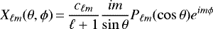 \begin{equation*} X_{\ell m}(\theta,\phi)\,{=}\,\frac{c_{\ell m}}{\ell+1} \frac{i m}{\sin \theta} P_{\ell m}(\cos \theta) e^{i m \phi} \end{equation*}