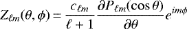 \begin{equation*} Z_{\ell m}(\theta,\phi)\,{=}\,\frac{c_{\ell m}}{\ell+1} \frac{\partial P_{\ell m}(\cos \theta)}{\partial \theta} e^{i m \phi} \end{equation*}