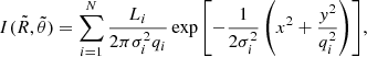 $$ \begin{aligned} I(\tilde{R},\tilde{\theta }) = \displaystyle \sum _{i=1}^{N} \frac{L_{i}}{2\pi \sigma ^{2}_{i} q_{i}} \exp {\left[ - \frac{1}{2\sigma ^{2}_{i}} \left( x^{2} + \frac{{ y}^{2}}{q^{2}_{i}} \right) \right] }, \end{aligned} $$