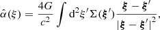 $$ \begin{aligned} \hat{\alpha }(\xi ) = \frac{4G}{c^{2}} \int \mathrm{d}^{2} {\xi ^{\prime }} \Sigma (\boldsymbol{\xi }^{\prime }) \frac{\boldsymbol{\xi }-\boldsymbol{\xi }^{\prime }}{{|\boldsymbol{\xi }-\boldsymbol{\xi }^{\prime }|}^2}, \end{aligned} $$