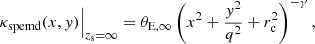 $$ \begin{aligned} \kappa _{\rm spemd}(x,{ y})\Big |_{z_{\rm s}=\infty }= \theta _{\rm E,\infty } \left(x^2+\frac{{ y}^2}{q^2}+r_{\rm c}^2 \right) ^{-\gamma }, \end{aligned} $$