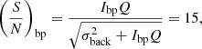 $$ \begin{aligned} \left( \frac{S}{N} \right)_{\rm bp}= \frac{I_{\rm bp} Q}{\sqrt{ \sigma _{\rm back}^{2} + I_{\rm bp} Q}}=15, \end{aligned} $$