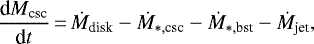 \begin{equation*} {\textrm{d}M_{\textrm{csc}} \over{\textrm{d}t} }\,{=}\, \dot{M}_{\textrm{disk}}-\dot{M}_{*, \textrm{csc}}-\dot{M}_{*, \textrm{bst}}-\dot{M}_{\textrm{jet}},\end{equation*}