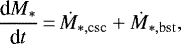 \begin{equation*}{\textrm{d}M_{*} \over{\textrm{d}t} } \,{=}\, \dot{M}_{*, \rm csc}+\dot{M}_{*,\rm bst}, \end{equation*}