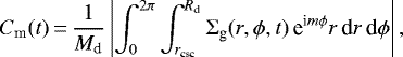 \begin{equation*} C_{\textrm{m}} (t) \,{=}\, {1 \over M_{\textrm{d}}} \left| \int_0^{2 \pi} \int_{r_{\textrm{csc}}}^{R_{\textrm{d}}} \Sigma_{\textrm{g}}(r,\phi,t) \, \textrm{e}^{\textrm{i}m\phi} r \, \textrm{d}r\, \textrm{d}\phi \right|,\end{equation*}