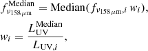 $$ \begin{aligned}&f_{\nu _{\rm 158\,\mu m}}^\mathrm{Median} = \mathrm{Median}(f_{\nu _{\rm 158\,\mu m},i}\,{ w}_i),\nonumber \\&{ w}_i = \frac{L_{\rm UV}^\mathrm{Median}}{L_{\mathrm{UV}, i}}, \end{aligned} $$