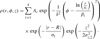 $$ \begin{aligned} \begin{aligned} \rho (r,\phi ,z) =&\sum _{i=1}^{4}A_{i}\, \exp \left(-\frac{1}{\delta ^{2}}\left(\phi -\frac{\ln \left(\frac{r}{a_{i}}\right)}{\beta _{i}}\right)^{2}\right)\\&\times \exp \left(-\frac{\left|r-R\right|}{\sigma _{\rm r}}\right)\, \exp \left(-\frac{z^{2}}{2\sigma _{z,2}^{2}}\right)\cdot \end{aligned} \end{aligned} $$