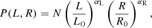 $$ \begin{aligned} P(L,R)=N\left(\frac{L}{L_{0}}\right)^{\alpha _{\rm L}}\left(\frac{R}{R_{0}}\right)^{\alpha _{\rm R}}, \end{aligned} $$