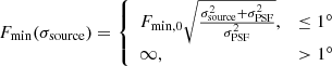 $$ \begin{aligned} F_{\rm min}(\sigma _{\rm source}) ={\left\{ \begin{array}{ll} F_{\rm min,0} \sqrt{\frac{\sigma _{\rm source}^{2}+\sigma _{\rm PSF}^{2}}{\sigma _{\rm PSF}^{2}}},&\le 1^{\circ }\\ \infty ,&>1^{\circ } \end{array}\right.} \end{aligned} $$
