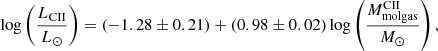 $$ \begin{aligned} \log \left(\frac{L_{\rm CII}}{L_{\odot }}\right) = (-1.28\pm 0.21) + (0.98\pm 0.02) \log \left(\frac{M^\mathrm{CII}_{\rm molgas}}{M_{\odot }}\right), \end{aligned} $$