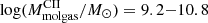 $ \log(M^{\mathrm{CII}}_{\mathrm{molgas}}/M_{\odot}) = 9.2{-}10.8 $