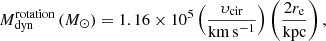 $$ \begin{aligned} M_{\rm dyn}^\mathrm{rotation}\,(M_{\odot }) = 1.16\times 10^5 \left(\frac{\upsilon _{\rm cir}}{\mathrm{km\,s^{-1}}}\right) \left(\frac{2 r_{\rm e}}{\mathrm{kpc}}\right), \end{aligned} $$