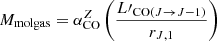 $ M_{\mathrm{molgas}} = \alpha_{\mathrm{CO}}^Z \left(\frac{L{\prime}_{\mathrm{CO}(J{\rightarrow}J{-}1)}}{r_{J,1}}\right) $