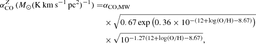 $$ \begin{aligned} \alpha _{\rm CO}^Z\,(M_{\odot } (\mathrm{K\,km\,s^{-1}\,pc^2})^{-1}) =&\alpha _{\rm CO,MW}\nonumber \\& \times \sqrt{0.67 \exp \left(0.36\times 10^{-(12+\log (\mathrm{O/H})-8.67)}\right)}\nonumber \\& \times \sqrt{10^{-1.27 (12+\log (\mathrm{O/H})-8.67)}}, \end{aligned} $$