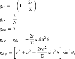 $$ \begin{aligned}&g_{tt} =-\left(1-\frac{2r}{\Sigma }\right) \nonumber \\&g_{rr} = \frac{\Sigma }{\Delta } \nonumber \\&g_{\theta \theta }=\Sigma \nonumber \\&g_{t\phi }=g_{\phi t}=-\frac{2r}{\Sigma }a\sin ^2\theta \nonumber \\&g_{\phi \phi } =\left[r^2+a^2+\frac{2ra^2}{\Sigma }\sin ^2\theta \right]\sin ^2\theta , \end{aligned} $$