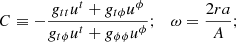 $$ \begin{aligned}&C \equiv -\frac{g_{tt}u^t+g_{t\phi }u^\phi }{g_{t\phi }u^t+g_{\phi \phi }u^\phi }; \ \ \ \omega = \frac{2ra}{A}; \end{aligned} $$
