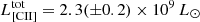 $ L_{\mathrm{[CII]}}^{\mathrm{tot}} = 2.3(\pm 0.2) \times 10^9 \, {L_\odot} $