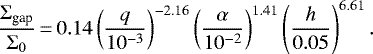 \begin{equation*} \frac{\Sigma_{\textrm{gap}}}{\Sigma_0}\,{=}\,0.14 \left(\frac{q}{10^{-3}}\right)^{-2.16} \left(\frac{\alpha}{10^{-2}}\right)^{1.41} \left(\frac{h}{0.05}\right)^{6.61}.\end{equation*}