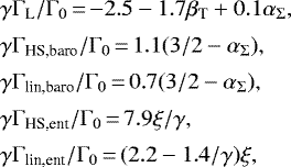 \begin{align*} & \gamma \Gamma_{\textrm{L}}/\Gamma_0\,{=}\,{-}2.5-1.7\beta_{\textrm{T}}&#x002B;0.1\alpha_{\Sigma}, \nonumber\\[2pt] & \gamma \Gamma_{\textrm{HS,baro}}/\Gamma_0\,{=}\,1.1(3/2 - \alpha_{\Sigma}), \nonumber\\[2pt] & \gamma \Gamma_{\textrm{lin,baro}}/\Gamma_0\,{=}\,0.7(3/2 - \alpha_{\Sigma}), \nonumber\\[2pt] & \gamma \Gamma_{\textrm{HS,ent}}/\Gamma_0\,{=}\,7.9 \xi /\gamma, \nonumber\\[2pt] & \gamma \Gamma_{\textrm{lin,ent}}/\Gamma_0\,{=}\,(2.2 - 1.4/\gamma)\xi ,\end{align*}