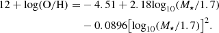 $$ \begin{aligned} 12+\log (\mathrm{O/H}) =&-4.51 + 2.18 {\log }_{10}({M}_\star /1.7) \nonumber \\& - 0.0896 \big [{\log }_{10}({M}_\star /1.7)\big ]^2 . \end{aligned} $$