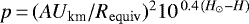 $p\,{=}\,(AU_{\text{km}}/R_{ \rm equiv})^2 10^{\,0.4\,(H_{\odot} - H)}$