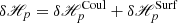 $$ \begin{aligned} \delta \fancyscript {H}_{p} =\delta \fancyscript {H}_{p} ^\mathrm{Coul} + \delta \fancyscript {H}_{p} ^\mathrm{Surf} \end{aligned} $$
