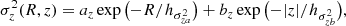 $$ \begin{aligned} \sigma _z^2(R,z) = a_z \exp \big ({-R/h_{\sigma _{za}^2}\big )} + b_z \exp \big ({-|z|/h_{\sigma _{zb}^2}\big )}, \end{aligned} $$