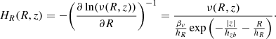 $$ \begin{aligned} H_R(R,z)&= -\bigg ( \frac{\partial \ln (\nu (R,z))}{\partial R} \bigg )^{-1} = \frac{\nu (R,z)}{\frac{\beta _{\nu }}{h_{R}} \exp { \left( - \frac{|z|}{h_{zb}} -\frac{R}{h_{R}} \right)}}\cdot \end{aligned} $$