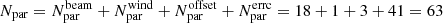 $ N_{\mathrm{par}}=N_{\mathrm{par}}^{\mathrm{beam}}+N_{\mathrm{par}}^{\mathrm{wind}}+N_{\mathrm{par}}^{\mathrm{offset}}+N_{\mathrm{par}}^{\mathrm{errc}}=18+1+3+41=63 $