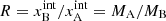 $ R=x^{\mathrm{int}}_{\mathrm{B}}/x^{\mathrm{int}}_{\mathrm{A}}=M_{\mathrm{A}}/M_{\mathrm{B}} $