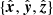 $ \{\hat{\boldsymbol{x}},\hat{\boldsymbol{y}},\hat{\boldsymbol{z}}\} $