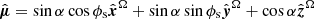 $ \hat{\boldsymbol{\mu}}=\sin\alpha\cos\phi_{\mathrm{s}}\hat{\boldsymbol{x}}^\Omega+ \sin\alpha\sin\phi_{\mathrm{s}}\hat{\boldsymbol{y}}^\Omega+ \cos\alpha\hat{\boldsymbol{z}}^\Omega $