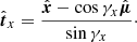 $$ \begin{aligned} \hat{\boldsymbol{t}}_x=\frac{\hat{\boldsymbol{x}}-\cos \gamma _x\hat{\boldsymbol{\mu }}}{\sin \gamma _x}\cdot \end{aligned} $$