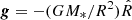 $ \boldsymbol{g} = -(GM_{\ast}/R^2) \hat{R} $