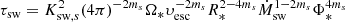 $$ \begin{aligned} \tau _{\rm sw}&= K_{\mathrm{sw},s}^2 (4 \pi )^{-2m_s} \Omega _{*} \upsilon _{\rm esc}^{-2 m_s} R_{*}^{2-4m_s} \dot{M}_{\rm sw}^{1 - 2m_s} \Phi _{*}^{4m_s} \end{aligned} $$