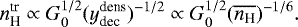 \begin{equation*} n_{\textrm{H}}^{\textrm{tr}} \propto G_0^{1/2} (y_{\textrm{dec}}^{\textrm{dens}})^{-1/2} \propto G_0^{1/2} (\overline{n_{\textrm{H}}})^{-1/6}. \end{equation*}
